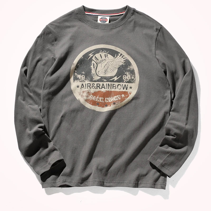 Long Sleeve T-shirt Men 's Spring and Autumn Pure Cotton Washed Distressed Brushed Trendy Tops