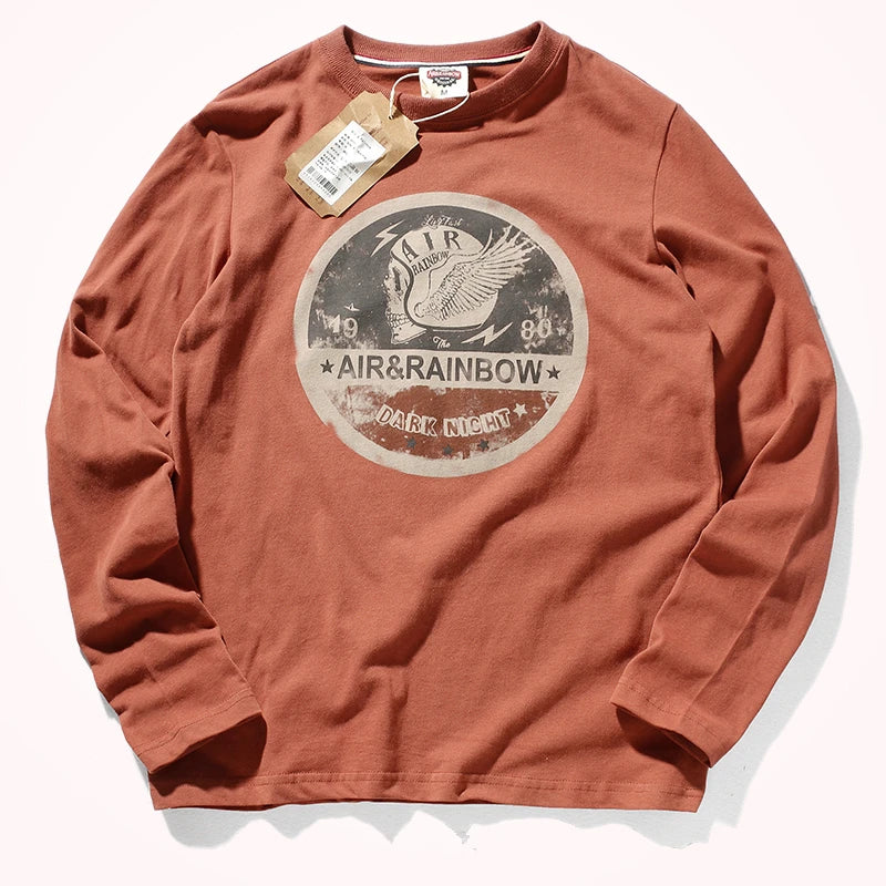 Long Sleeve T-shirt Men 's Spring and Autumn Pure Cotton Washed Distressed Brushed Trendy Tops