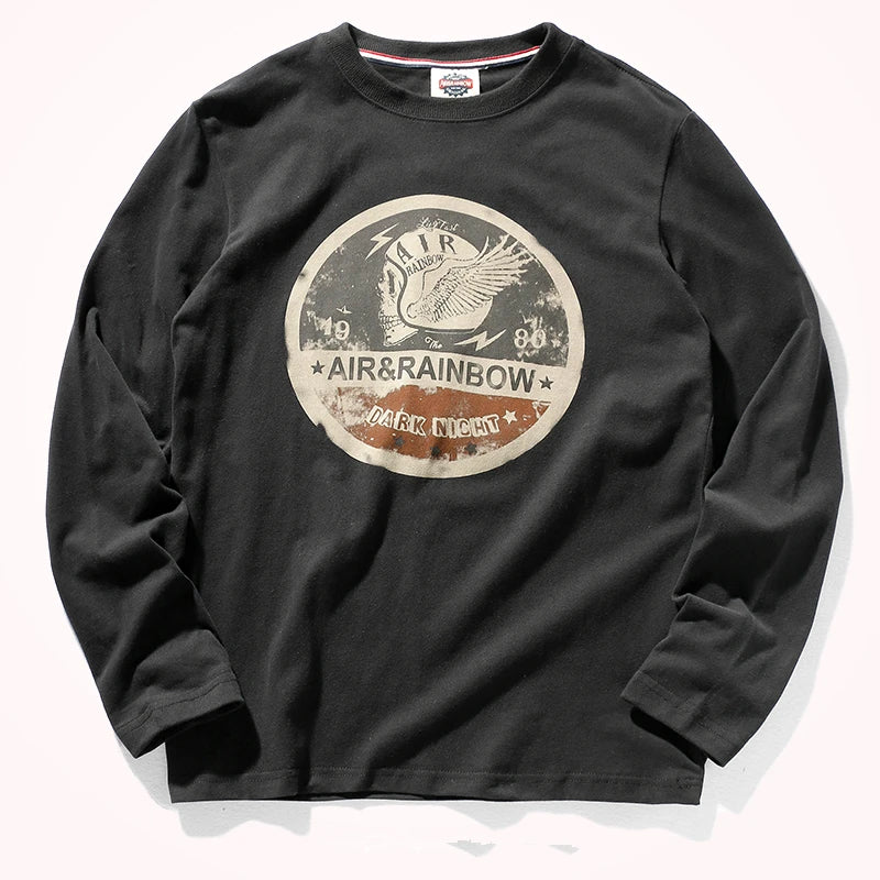 Long Sleeve T-shirt Men 's Spring and Autumn Pure Cotton Washed Distressed Brushed Trendy Tops