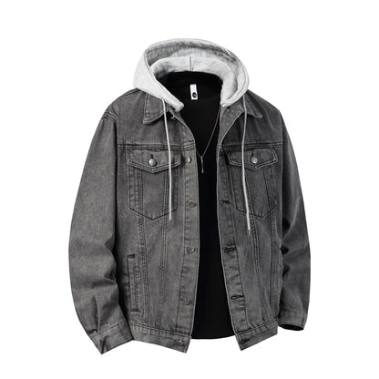 Autumn Winter Hooded Denim Jackets Men Casual Streetwear Outerwear Solid Color Loose Couple Denim Coats Hat Detachable Jacket