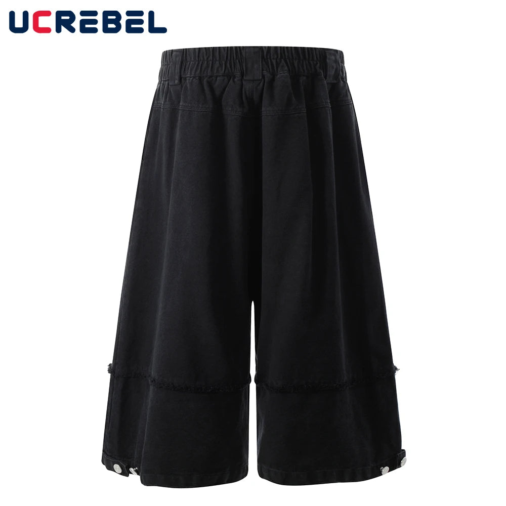 Dark Denim Shorts Mens Spliced High Street Summer Elastic Waist Washed Distressed Loose Wide Leg Jorts