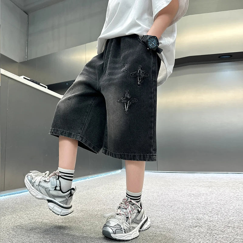Boys' Denim Shorts, Straight and Loose Fit, with Distressed Holes and Frayed Edges on Both Sides, Washed and Faded, with Star Embroidery, Unique and Fashionable, Trendy, Street Casual