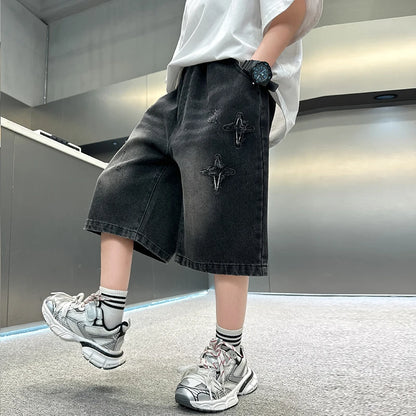 Boys' Denim Shorts, Straight and Loose Fit, with Distressed Holes and Frayed Edges on Both Sides, Washed and Faded, with Star Embroidery, Unique and Fashionable, Trendy, Street Casual