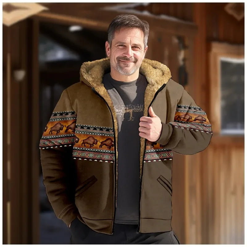 Vintage Winter Hooded Jackets for Men Thick Fleece Motorcycle Hoodies Casual Fit Zipper Jacket Male Versatile Hooded Sweatshirts