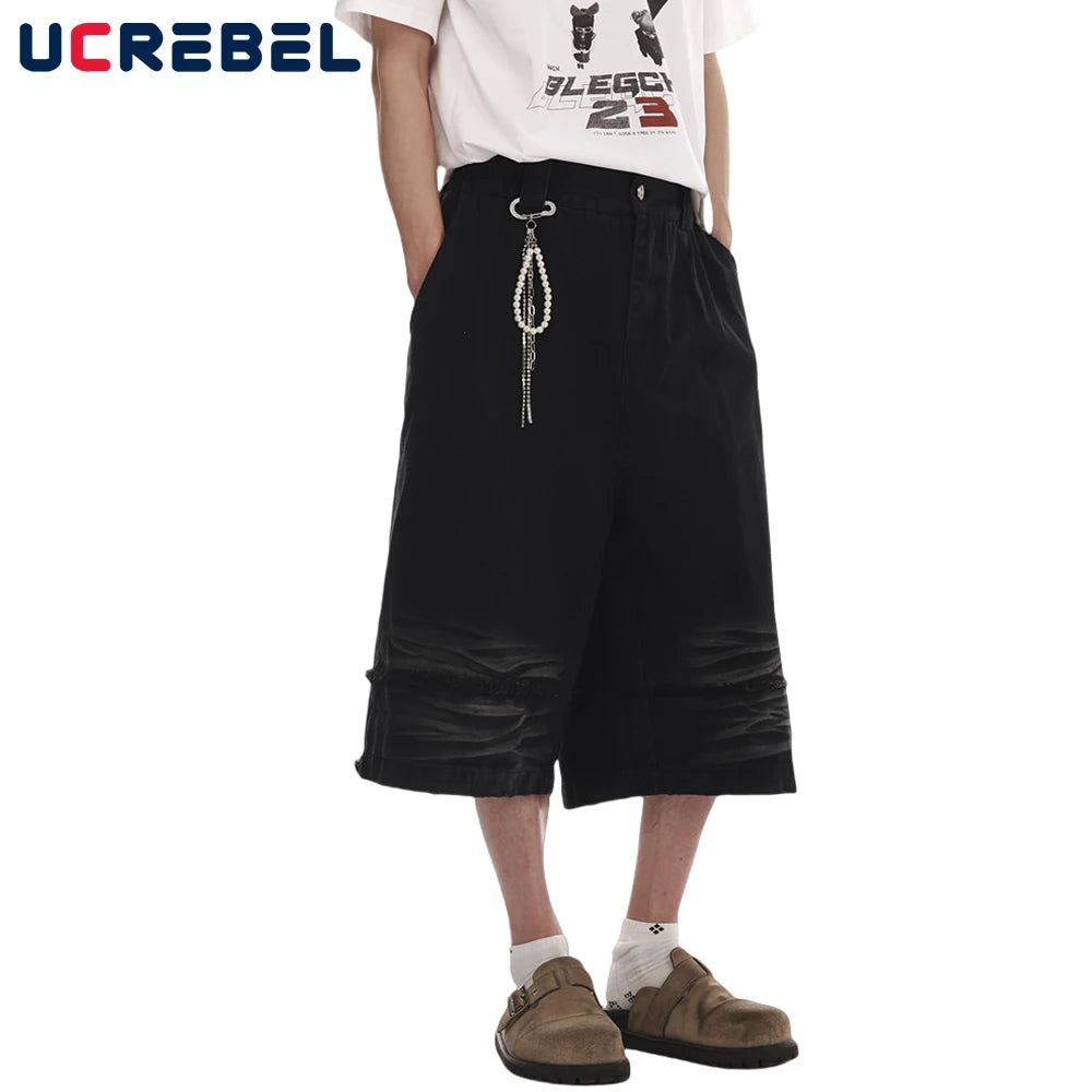 Dark Denim Shorts Mens Spliced High Street Summer Elastic Waist Washed Distressed Loose Wide Leg Jorts