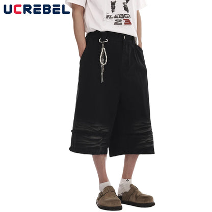 Dark Denim Shorts Mens Spliced High Street Summer Elastic Waist Washed Distressed Loose Wide Leg Jorts