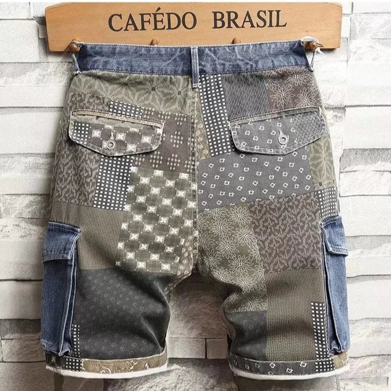 Men's Denim Shorts Workwear Trendy Color Blocked Five Quarter Pants Summer Daily Casual Wear