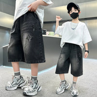 Boys' Denim Shorts, Straight and Loose Fit, with Distressed Holes and Frayed Edges on Both Sides, Washed and Faded, with Star Embroidery, Unique and Fashionable, Trendy, Street Casual