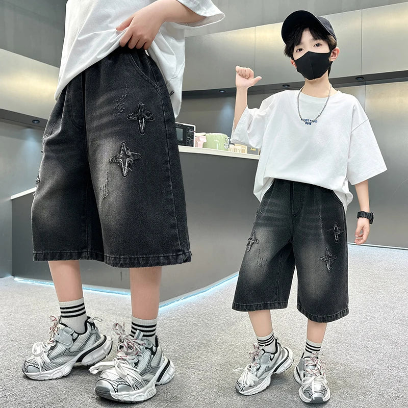 Boys' Denim Shorts, Straight and Loose Fit, with Distressed Holes and Frayed Edges on Both Sides, Washed and Faded, with Star Embroidery, Unique and Fashionable, Trendy, Street Casual