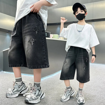 Boys' Denim Shorts, Straight and Loose Fit, with Distressed Holes and Frayed Edges on Both Sides, Washed and Faded, with Star Embroidery, Unique and Fashionable, Trendy, Street Casual