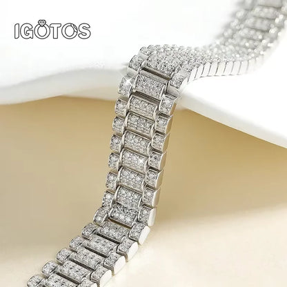 IGOTOS 1.2mm Moissanite Watch Chain Bracelet 925 Sterling Silver Certified Women Men Full Diamond Bangle Fine Jewelry