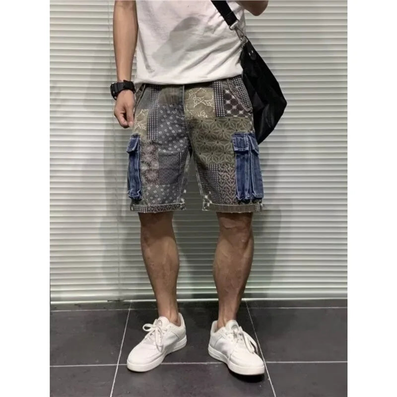 Men's Denim Shorts Workwear Trendy Color Blocked Five Quarter Pants Summer Daily Casual Wear