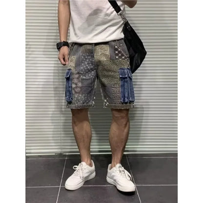 Men's Denim Shorts Workwear Trendy Color Blocked Five Quarter Pants Summer Daily Casual Wear
