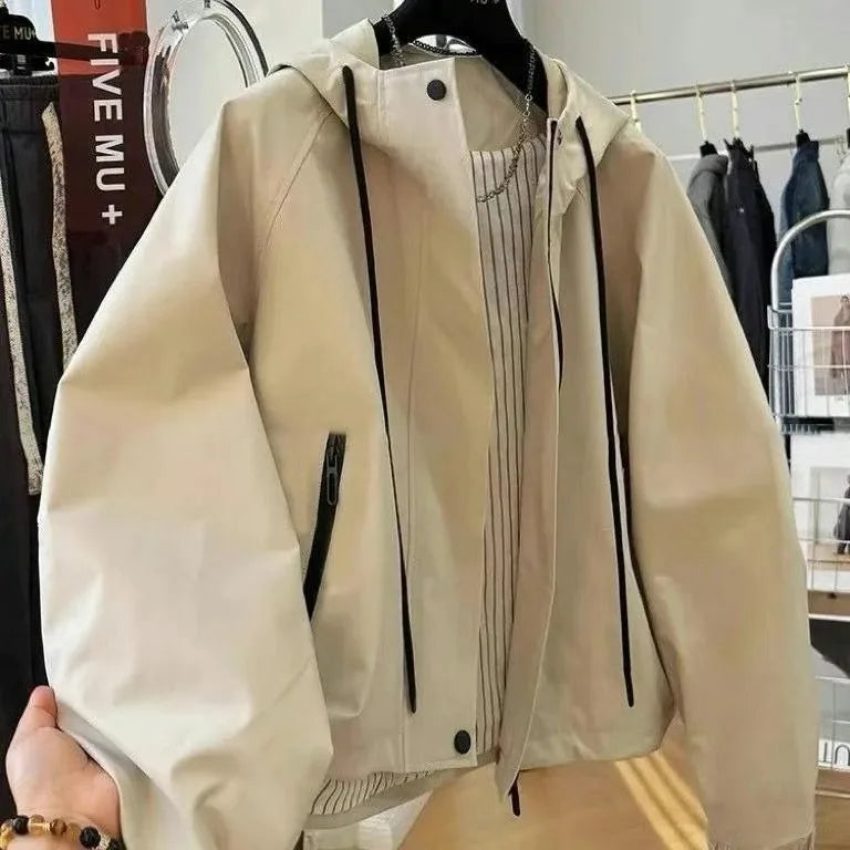 Elegant Casual Hooded Jacket Versatile Small Design Sense Coat for Women Autumn 2025 Polyester Fiber Ladies Outerwear