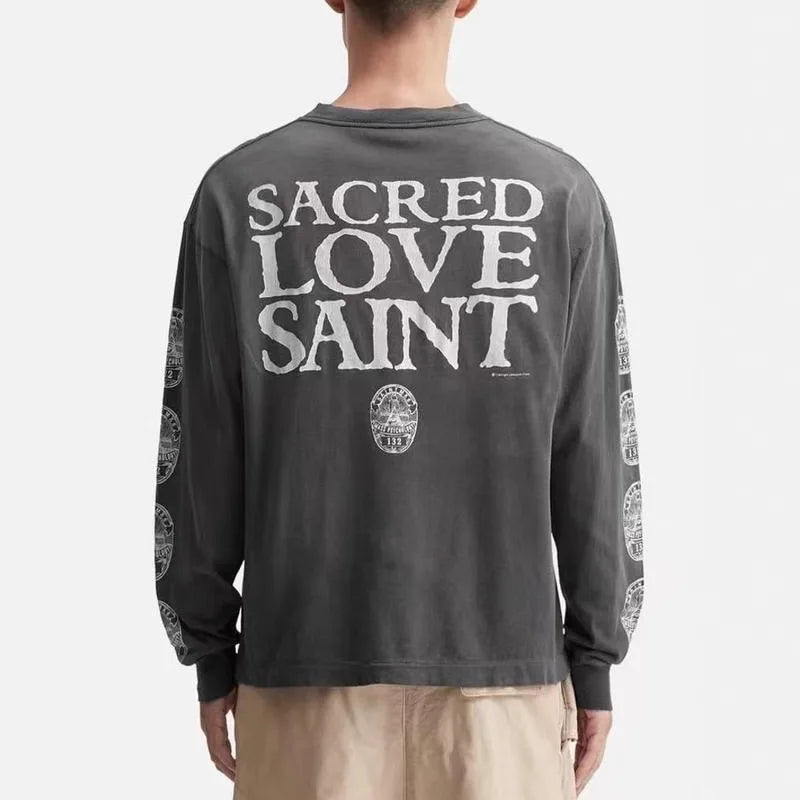 Long Sleeve Washed T-Shirt Casual Cotton Outdoor Wear for Men Comfortable Loose Fit Love Saint Design Spring Season Fashion
