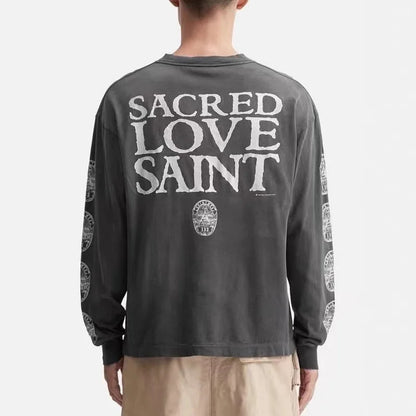 Long Sleeve Washed T-Shirt Casual Cotton Outdoor Wear for Men Comfortable Loose Fit Love Saint Design Spring Season Fashion