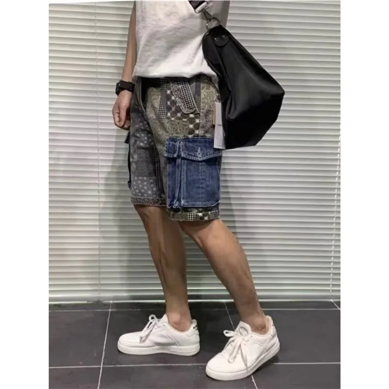 Men's Denim Shorts Workwear Trendy Color Blocked Five Quarter Pants Summer Daily Casual Wear