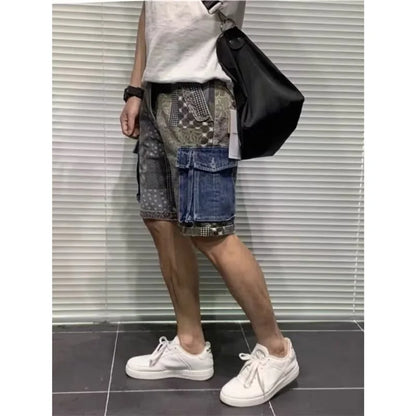 Men's Denim Shorts Workwear Trendy Color Blocked Five Quarter Pants Summer Daily Casual Wear
