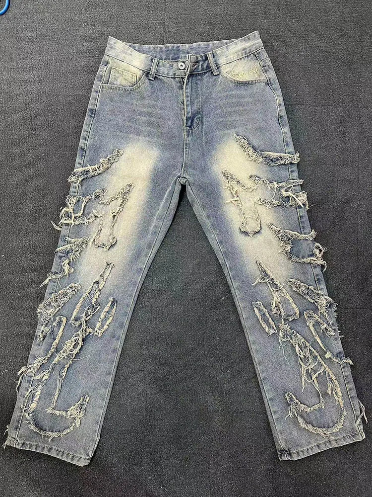Men Baggy Aesthetic Streetwear Jeans Male Retro Fashion Wide Leg Denim Pants Graphic Embroidered Designer Hip Pop Denim Trousers