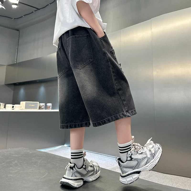 Boys' Denim Shorts, Straight and Loose Fit, with Distressed Holes and Frayed Edges on Both Sides, Washed and Faded, with Star Embroidery, Unique and Fashionable, Trendy, Street Casual