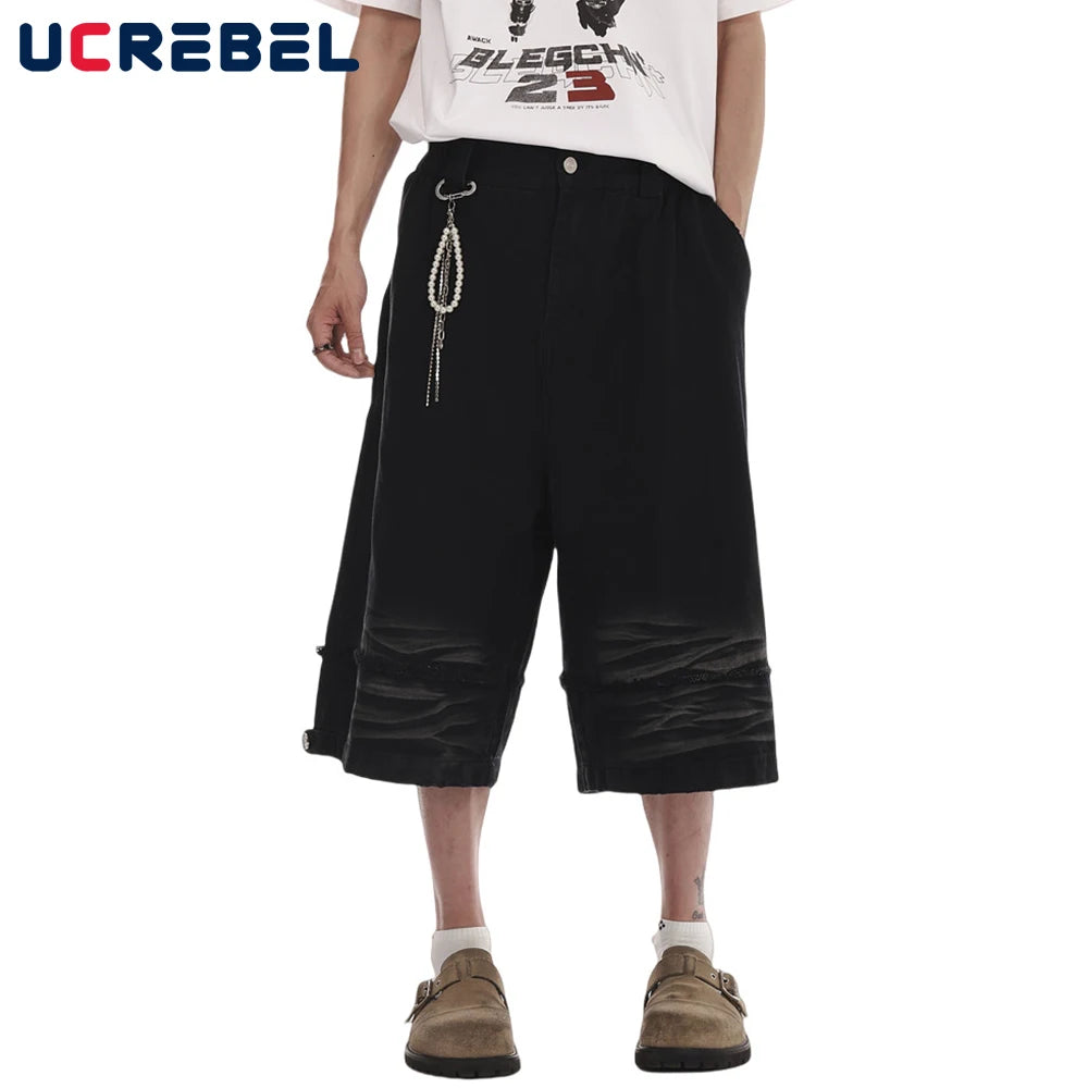 Dark Denim Shorts Mens Spliced High Street Summer Elastic Waist Washed Distressed Loose Wide Leg Jorts