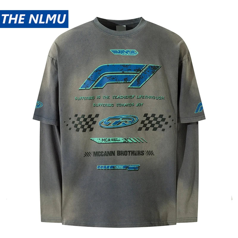 Vintage Long Sleeve T Shirt Men Streetwear Letter Graphic Tshirt Y2K Harajuku Retro Washed Long Sleeve T-shirt Cotton Loose Tops