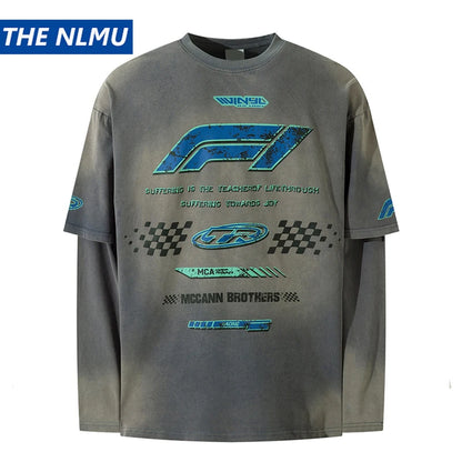 Vintage Long Sleeve T Shirt Men Streetwear Letter Graphic Tshirt Y2K Harajuku Retro Washed Long Sleeve T-shirt Cotton Loose Tops