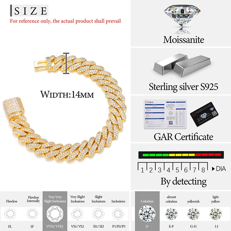 High Quality 14mm Cuban Link Necklace Men Mossanite Sterling Silver 925  Chains Necklaces Hip Hop Jewelry
