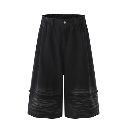 Dark Denim Shorts Mens Spliced High Street Summer Elastic Waist Washed Distressed Loose Wide Leg Jorts