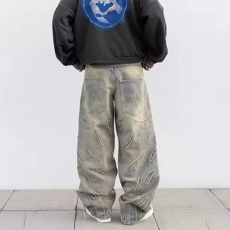 Men Baggy Aesthetic Streetwear Jeans Male Retro Fashion Wide Leg Denim Pants Graphic Embroidered Designer Hip Pop Denim Trousers