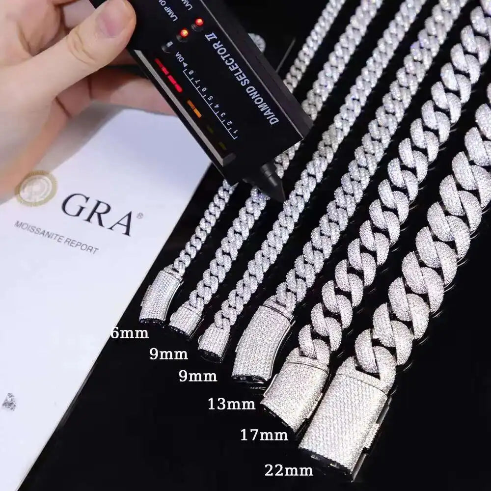 Full Ice Out Mossanite Cuban Chain 6mm 9mm 13mm 2rows 925 Sterling Silver Chain Hip Hop Necklace VVS Moissanite Cuban Link Chain