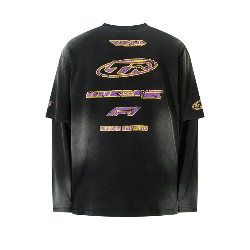 Vintage Long Sleeve T Shirt Men Streetwear Letter Graphic Tshirt Y2K Harajuku Retro Washed Long Sleeve T-shirt Cotton Loose Tops
