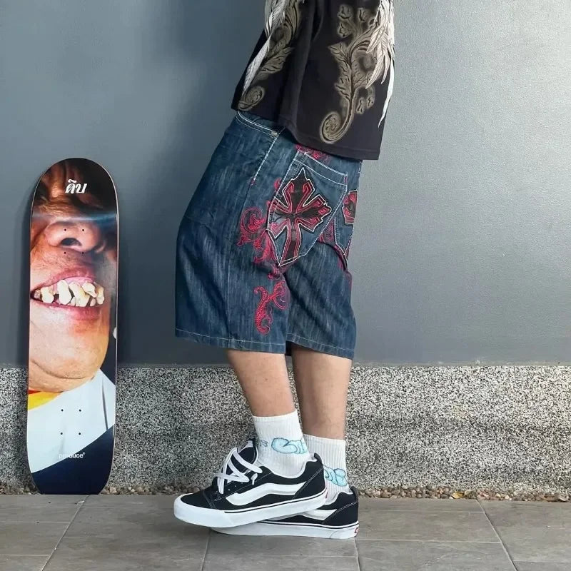 Casual denim short for men 2024 new gothic punk cross graphic print design fashion comfortable versatile y2k casual jorts shorts