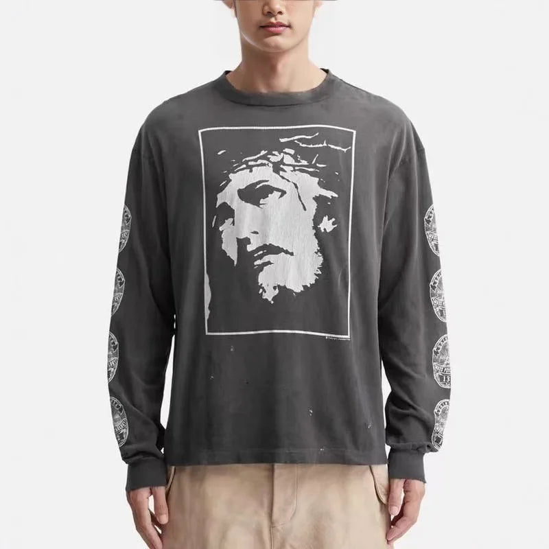 Long Sleeve Washed T-Shirt Casual Cotton Outdoor Wear for Men Comfortable Loose Fit Love Saint Design Spring Season Fashion
