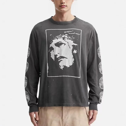 Long Sleeve Washed T-Shirt Casual Cotton Outdoor Wear for Men Comfortable Loose Fit Love Saint Design Spring Season Fashion