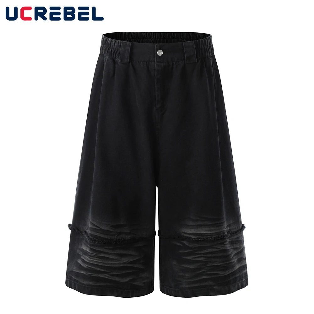 Dark Denim Shorts Mens Spliced High Street Summer Elastic Waist Washed Distressed Loose Wide Leg Jorts