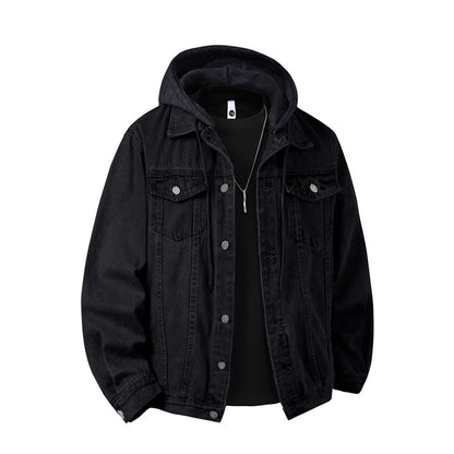 Autumn Winter Hooded Denim Jackets Men Casual Streetwear Outerwear Solid Color Loose Couple Denim Coats Hat Detachable Jacket