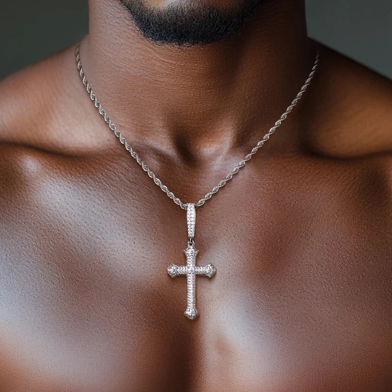 MossanRappr 3.984cttw Moissanite Classic Cross Pendant Hip Hop Necklace 925 Sterling Silver Heavy Metal Fashion Jewelry for Men