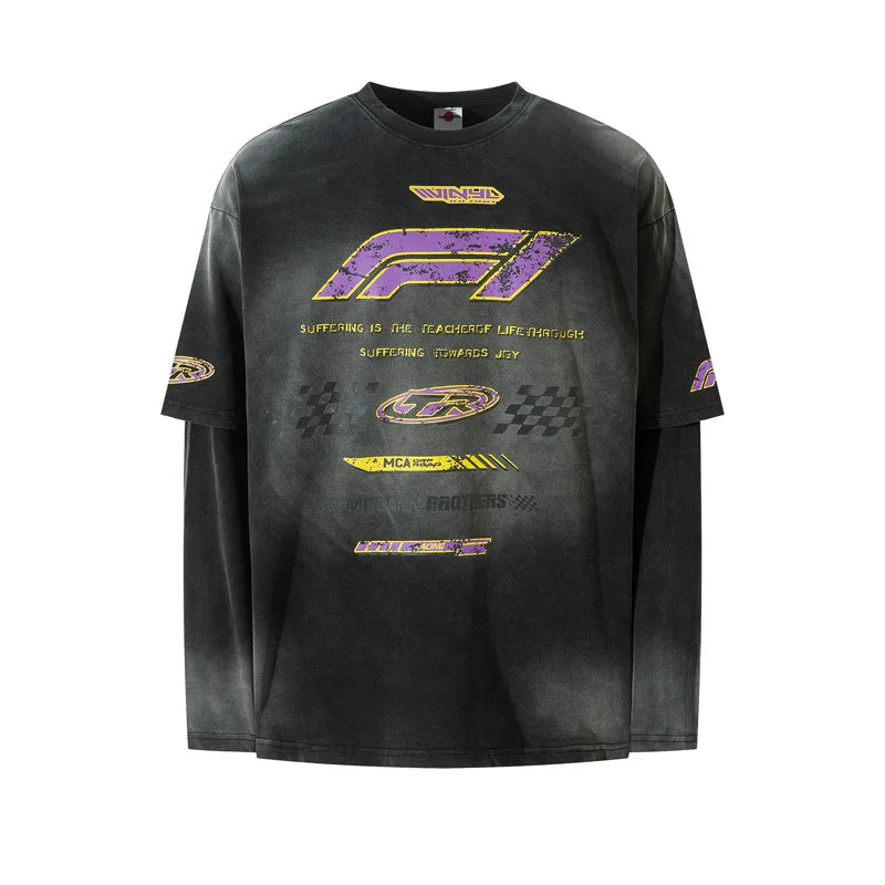 Vintage Long Sleeve T Shirt Men Streetwear Letter Graphic Tshirt Y2K Harajuku Retro Washed Long Sleeve T-shirt Cotton Loose Tops