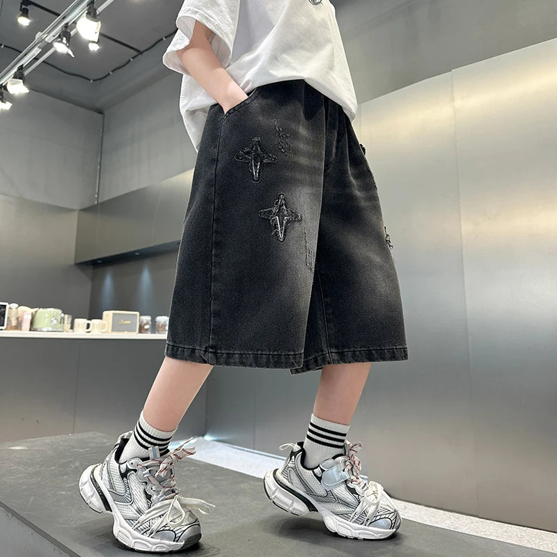 Boys' Denim Shorts, Straight and Loose Fit, with Distressed Holes and Frayed Edges on Both Sides, Washed and Faded, with Star Embroidery, Unique and Fashionable, Trendy, Street Casual