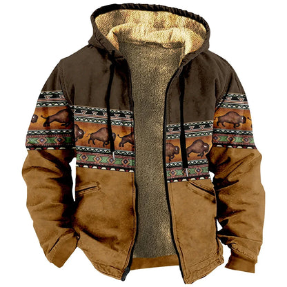 Vintage Winter Hooded Jackets for Men Thick Fleece Motorcycle Hoodies Casual Fit Zipper Jacket Male Versatile Hooded Sweatshirts