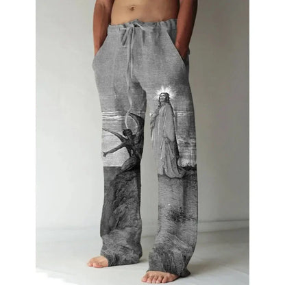 Mens Vintage Renaissance Virgin Mary Printed Casual Pants Art Wide Leg Pants Cool Summer Trousers Streetwear Men Women Clothing