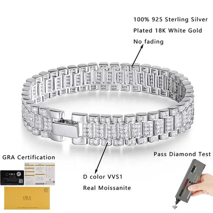 IGOTOS 1.2mm Moissanite Watch Chain Bracelet 925 Sterling Silver Certified Women Men Full Diamond Bangle Fine Jewelry