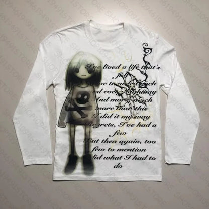 Long Sleeve T-Shirts 2000s Vinage Graphic Print T-Shirt Aesthetics Harajuku Round Neck Tops Streetwear Fashion Autumn Y2k Clothe
