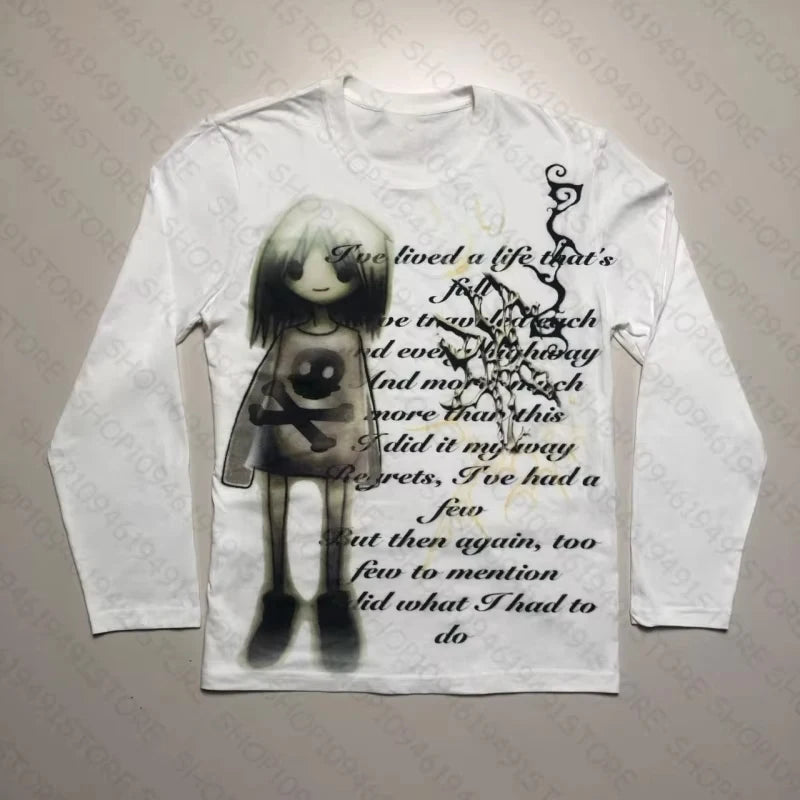 Long Sleeve T-Shirts 2000s Vinage Graphic Print T-Shirt Aesthetics Harajuku Round Neck Tops Streetwear Fashion Autumn Y2k Clothe