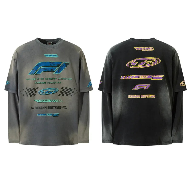 Vintage Long Sleeve T Shirt Men Streetwear Letter Graphic Tshirt Y2K Harajuku Retro Washed Long Sleeve T-shirt Cotton Loose Tops