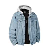 Autumn Winter Hooded Denim Jackets Men Casual Streetwear Outerwear Solid Color Loose Couple Denim Coats Hat Detachable Jacket