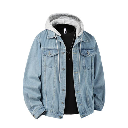 Autumn Winter Hooded Denim Jackets Men Casual Streetwear Outerwear Solid Color Loose Couple Denim Coats Hat Detachable Jacket