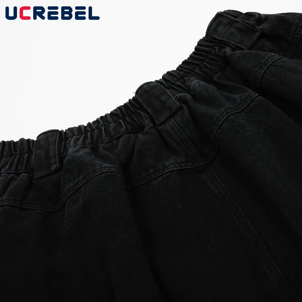 Dark Denim Shorts Mens Spliced High Street Summer Elastic Waist Washed Distressed Loose Wide Leg Jorts