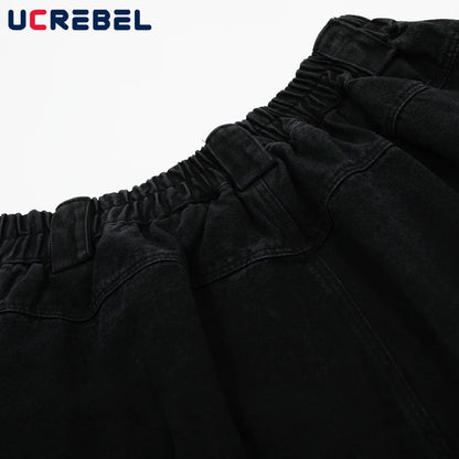 Dark Denim Shorts Mens Spliced High Street Summer Elastic Waist Washed Distressed Loose Wide Leg Jorts